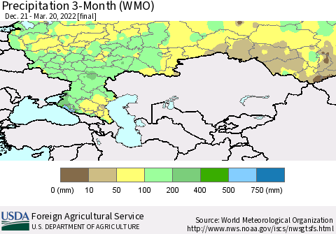 Russian Federation Precipitation 3-Month (WMO) Thematic Map For 12/21/2021 - 3/20/2022
