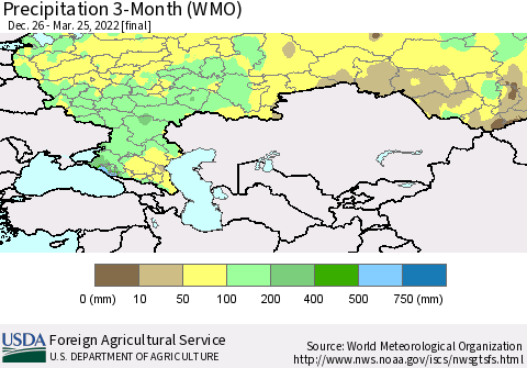 Russian Federation Precipitation 3-Month (WMO) Thematic Map For 12/26/2021 - 3/25/2022