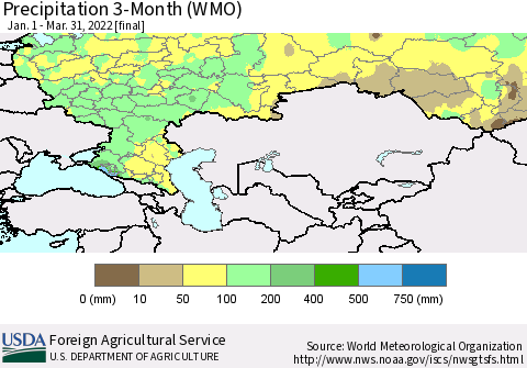 Russian Federation Precipitation 3-Month (WMO) Thematic Map For 1/1/2022 - 3/31/2022