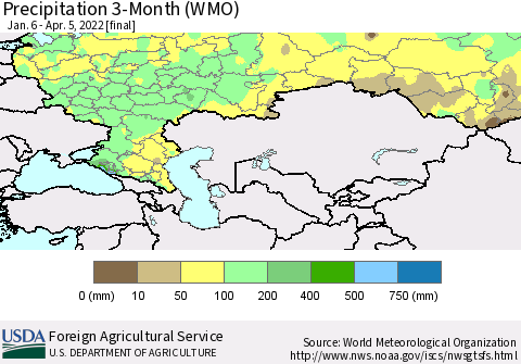 Russian Federation Precipitation 3-Month (WMO) Thematic Map For 1/6/2022 - 4/5/2022
