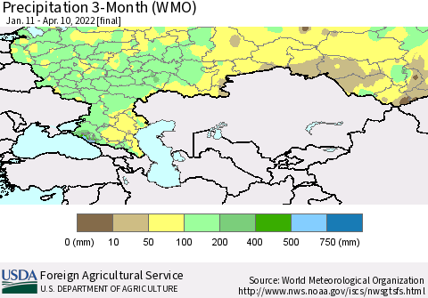 Russian Federation Precipitation 3-Month (WMO) Thematic Map For 1/11/2022 - 4/10/2022