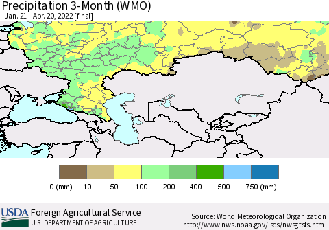 Russian Federation Precipitation 3-Month (WMO) Thematic Map For 1/21/2022 - 4/20/2022
