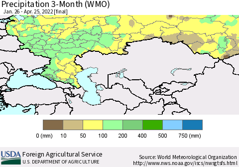 Russian Federation Precipitation 3-Month (WMO) Thematic Map For 1/26/2022 - 4/25/2022