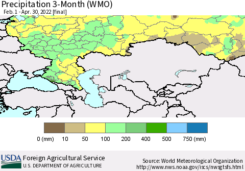 Russian Federation Precipitation 3-Month (WMO) Thematic Map For 2/1/2022 - 4/30/2022