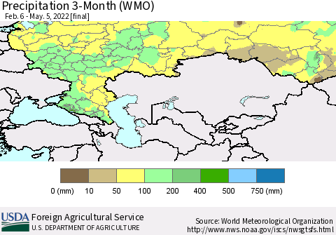 Russian Federation Precipitation 3-Month (WMO) Thematic Map For 2/6/2022 - 5/5/2022