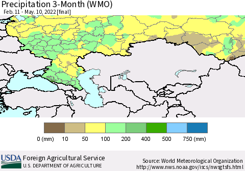 Russian Federation Precipitation 3-Month (WMO) Thematic Map For 2/11/2022 - 5/10/2022