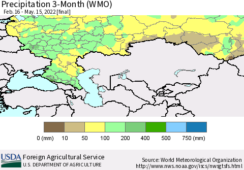 Russian Federation Precipitation 3-Month (WMO) Thematic Map For 2/16/2022 - 5/15/2022