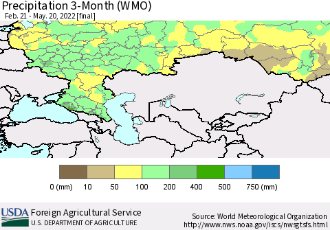 Russian Federation Precipitation 3-Month (WMO) Thematic Map For 2/21/2022 - 5/20/2022