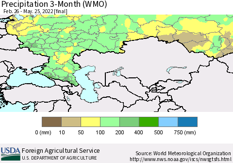 Russian Federation Precipitation 3-Month (WMO) Thematic Map For 2/26/2022 - 5/25/2022