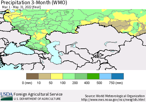 Russian Federation Precipitation 3-Month (WMO) Thematic Map For 3/1/2022 - 5/31/2022
