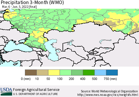 Russian Federation Precipitation 3-Month (WMO) Thematic Map For 3/6/2022 - 6/5/2022
