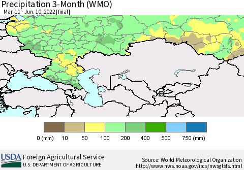 Russian Federation Precipitation 3-Month (WMO) Thematic Map For 3/11/2022 - 6/10/2022