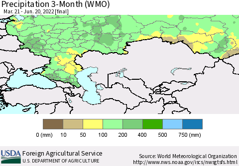 Russian Federation Precipitation 3-Month (WMO) Thematic Map For 3/21/2022 - 6/20/2022