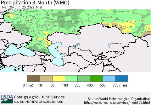 Russian Federation Precipitation 3-Month (WMO) Thematic Map For 3/26/2022 - 6/25/2022