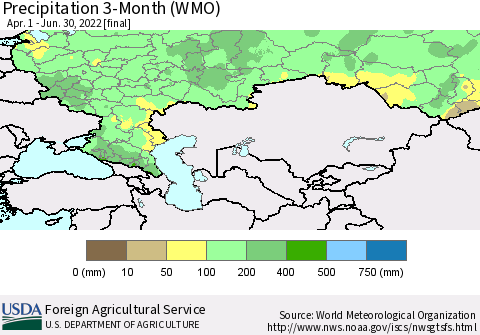 Russian Federation Precipitation 3-Month (WMO) Thematic Map For 4/1/2022 - 6/30/2022