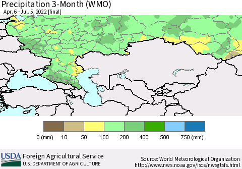 Russian Federation Precipitation 3-Month (WMO) Thematic Map For 4/6/2022 - 7/5/2022