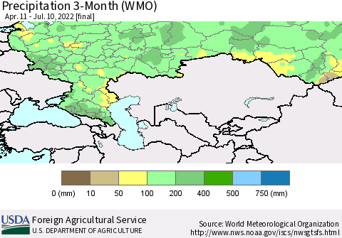 Russian Federation Precipitation 3-Month (WMO) Thematic Map For 4/11/2022 - 7/10/2022