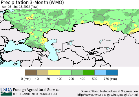 Russian Federation Precipitation 3-Month (WMO) Thematic Map For 4/16/2022 - 7/15/2022