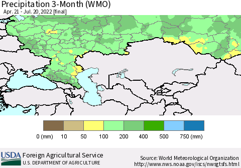 Russian Federation Precipitation 3-Month (WMO) Thematic Map For 4/21/2022 - 7/20/2022