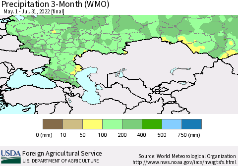 Russian Federation Precipitation 3-Month (WMO) Thematic Map For 5/1/2022 - 7/31/2022