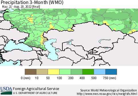 Russian Federation Precipitation 3-Month (WMO) Thematic Map For 5/21/2022 - 8/20/2022