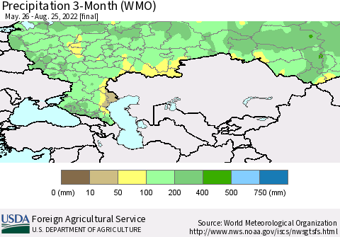 Russian Federation Precipitation 3-Month (WMO) Thematic Map For 5/26/2022 - 8/25/2022