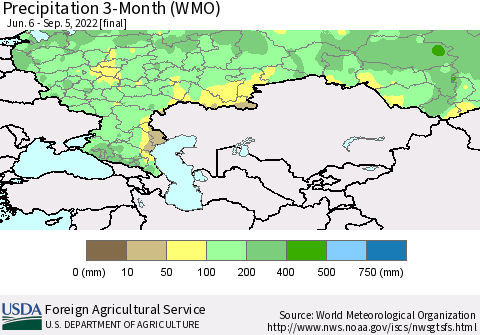 Russian Federation Precipitation 3-Month (WMO) Thematic Map For 6/6/2022 - 9/5/2022