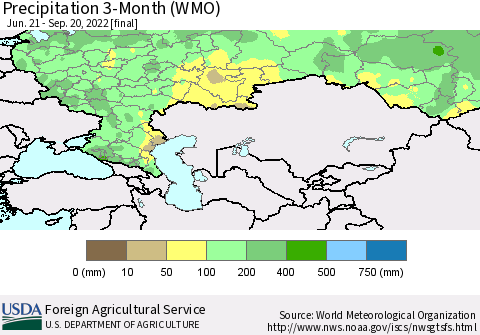 Russian Federation Precipitation 3-Month (WMO) Thematic Map For 6/21/2022 - 9/20/2022