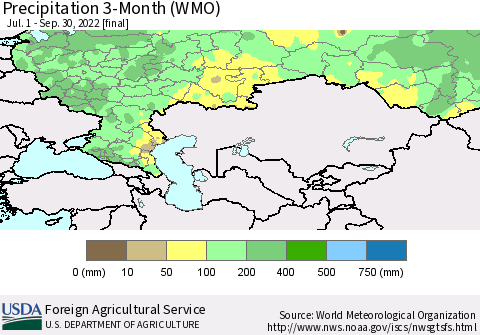 Russian Federation Precipitation 3-Month (WMO) Thematic Map For 7/1/2022 - 9/30/2022