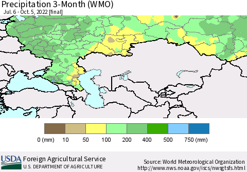 Russian Federation Precipitation 3-Month (WMO) Thematic Map For 7/6/2022 - 10/5/2022