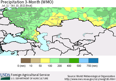 Russian Federation Precipitation 3-Month (WMO) Thematic Map For 7/11/2022 - 10/10/2022