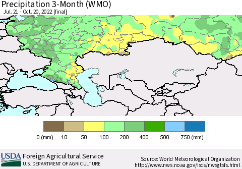 Russian Federation Precipitation 3-Month (WMO) Thematic Map For 7/21/2022 - 10/20/2022