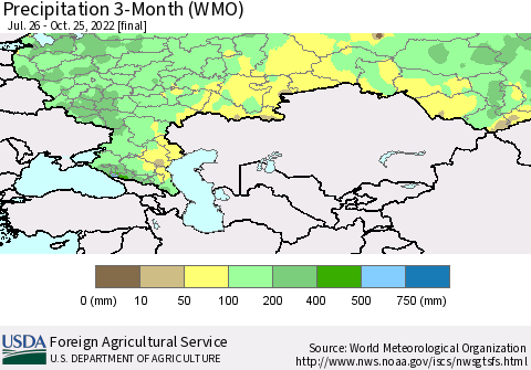 Russian Federation Precipitation 3-Month (WMO) Thematic Map For 7/26/2022 - 10/25/2022