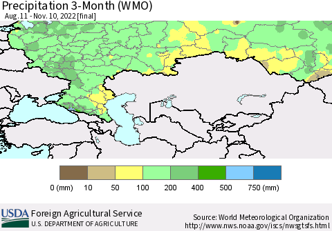 Russian Federation Precipitation 3-Month (WMO) Thematic Map For 8/11/2022 - 11/10/2022