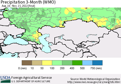 Russian Federation Precipitation 3-Month (WMO) Thematic Map For 8/16/2022 - 11/15/2022