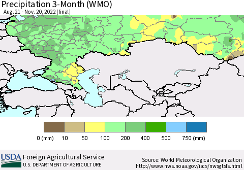 Russian Federation Precipitation 3-Month (WMO) Thematic Map For 8/21/2022 - 11/20/2022