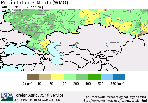 Russian Federation Precipitation 3-Month (WMO) Thematic Map For 8/26/2022 - 11/25/2022