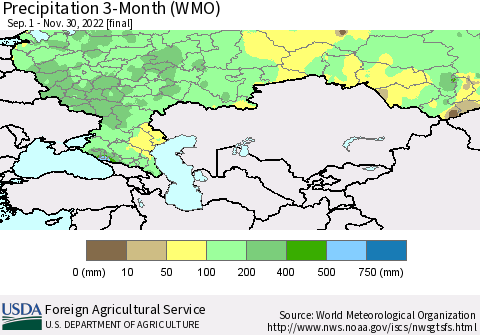 Russian Federation Precipitation 3-Month (WMO) Thematic Map For 9/1/2022 - 11/30/2022
