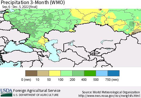 Russian Federation Precipitation 3-Month (WMO) Thematic Map For 9/6/2022 - 12/5/2022