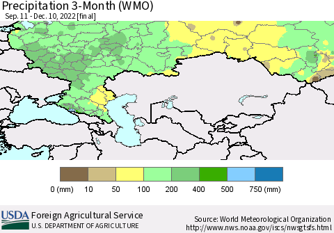 Russian Federation Precipitation 3-Month (WMO) Thematic Map For 9/11/2022 - 12/10/2022