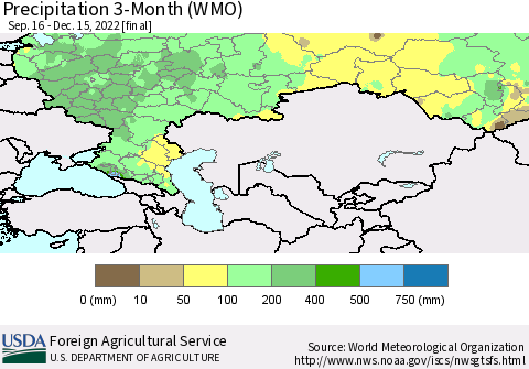 Russian Federation Precipitation 3-Month (WMO) Thematic Map For 9/16/2022 - 12/15/2022