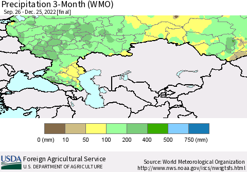 Russian Federation Precipitation 3-Month (WMO) Thematic Map For 9/26/2022 - 12/25/2022