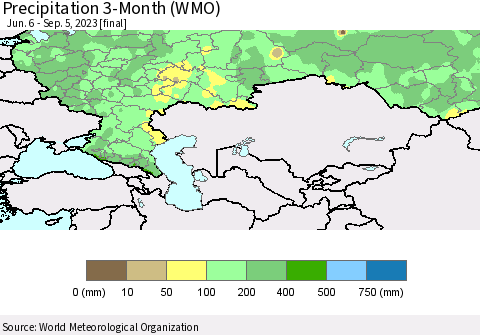 Russian Federation Precipitation 3-Month (WMO) Thematic Map For 6/6/2023 - 9/5/2023
