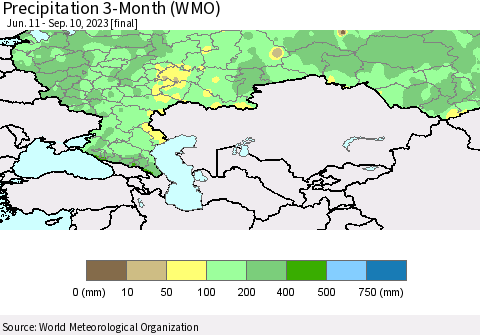 Russian Federation Precipitation 3-Month (WMO) Thematic Map For 6/11/2023 - 9/10/2023