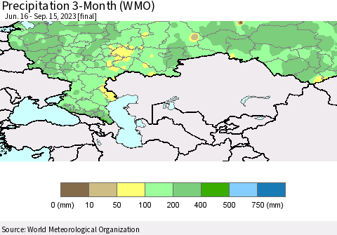 Russian Federation Precipitation 3-Month (WMO) Thematic Map For 6/16/2023 - 9/15/2023