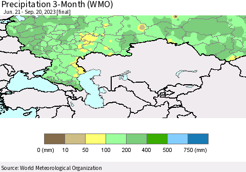 Russian Federation Precipitation 3-Month (WMO) Thematic Map For 6/21/2023 - 9/20/2023