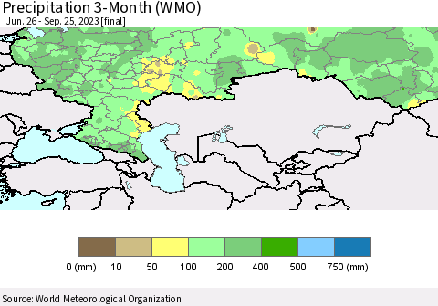 Russian Federation Precipitation 3-Month (WMO) Thematic Map For 6/26/2023 - 9/25/2023