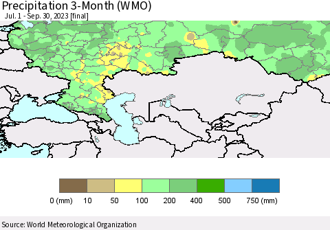 Russian Federation Precipitation 3-Month (WMO) Thematic Map For 7/1/2023 - 9/30/2023
