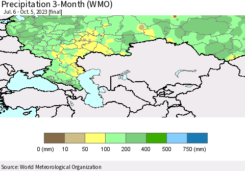 Russian Federation Precipitation 3-Month (WMO) Thematic Map For 7/6/2023 - 10/5/2023