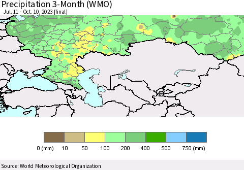 Russian Federation Precipitation 3-Month (WMO) Thematic Map For 7/11/2023 - 10/10/2023